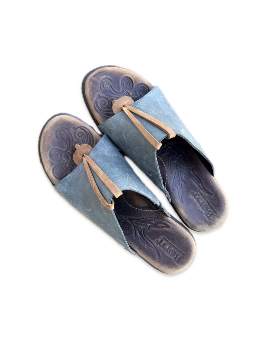Born Slate Blue Leather Slip-On Mules with Tan Accent